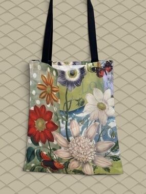 Floral Polyester Tote Bag Butterfly Accents